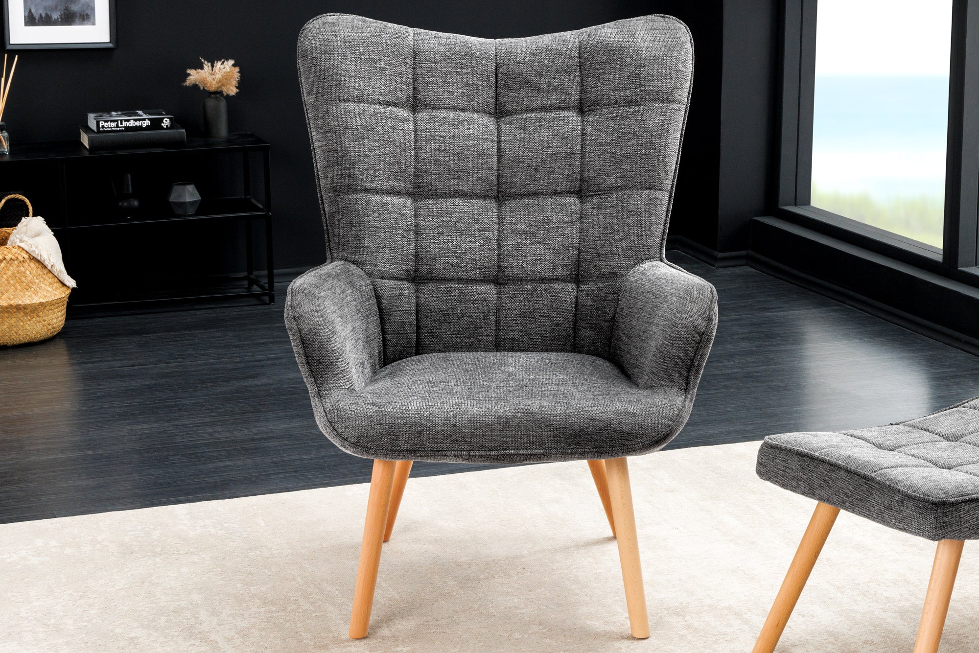 Fauteuil moderne SCANDINAVIA tissu structuré gris pieds en bois massif avec accoudoirs