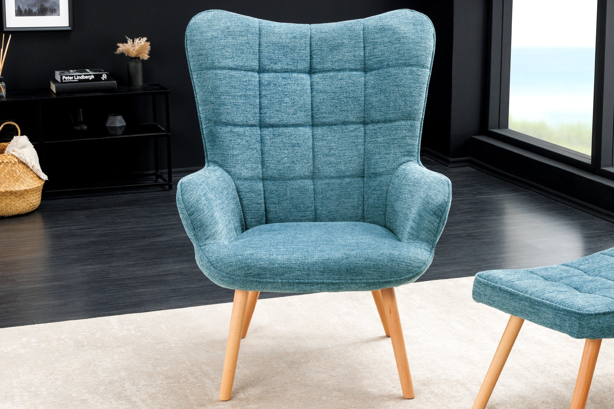Fauteuil moderne SCANDINAVIA tissu texturé bleu pieds en bois massif avec accoudoirs
