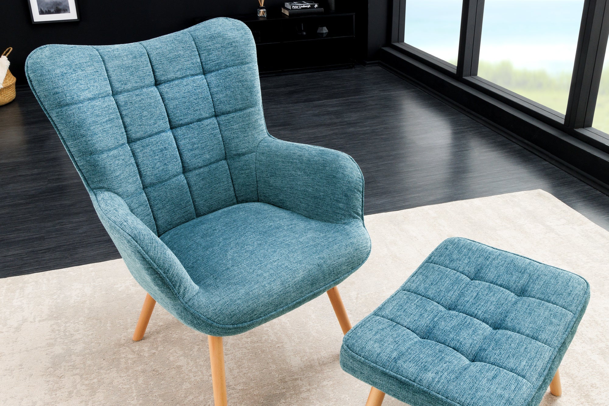 Fauteuil moderne SCANDINAVIA tissu texturé bleu pieds en bois massif avec accoudoirs