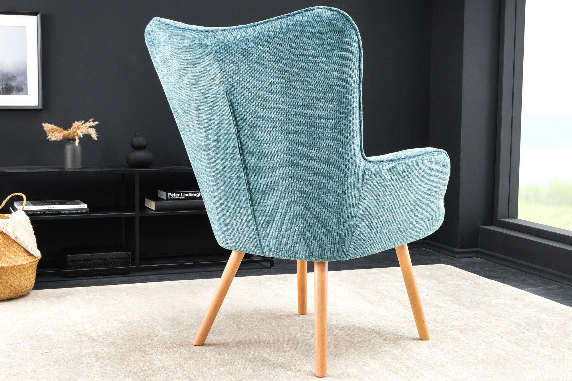 Fauteuil moderne SCANDINAVIA tissu texturé bleu pieds en bois massif avec accoudoirs