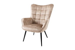 Fauteuil moderne SCANDINAVIA velours beige champagne pieds métal noir avec accoudoirs