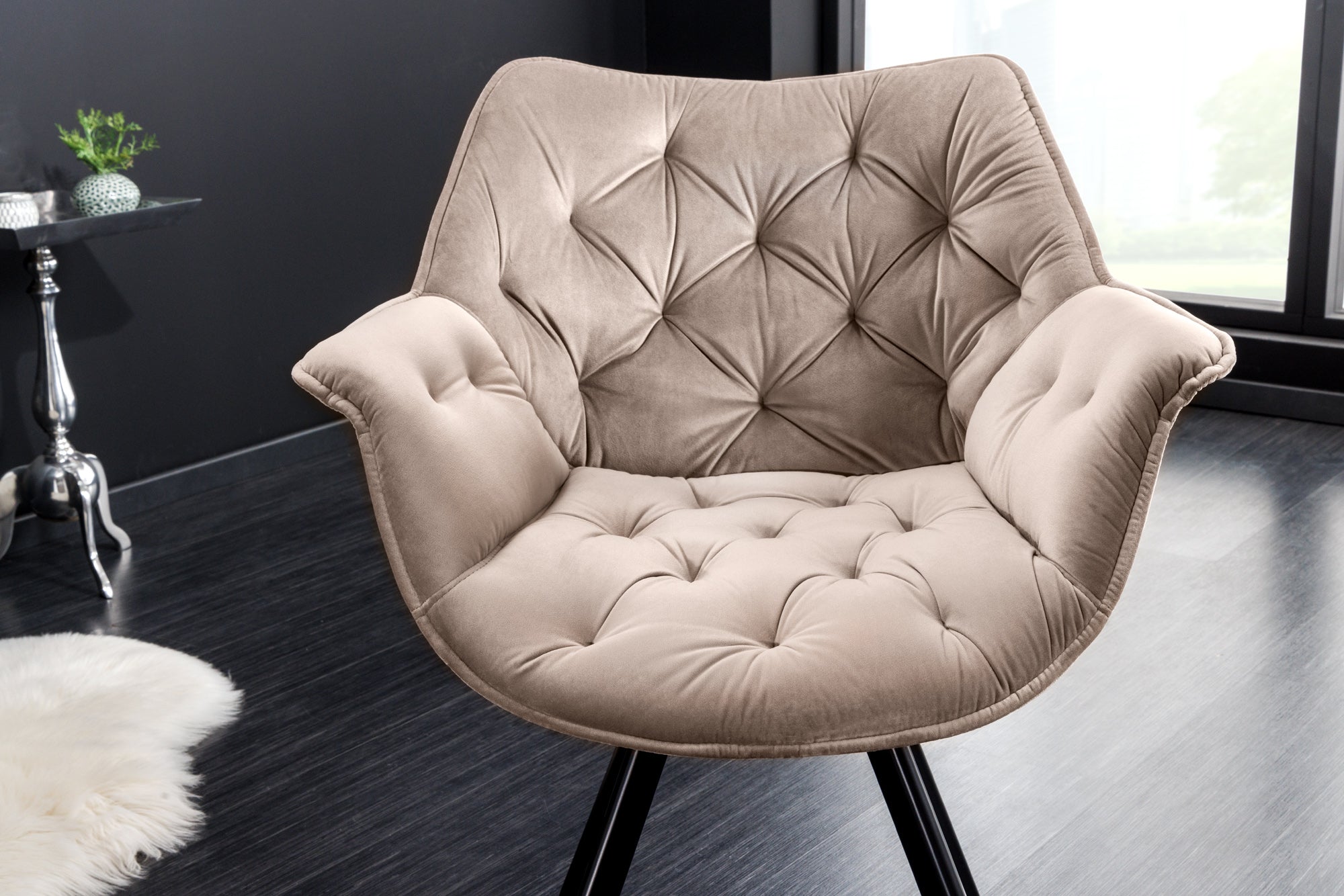 Sillón giratorio DUTCH COMFORT de terciopelo gris con reposabrazos Diseño moderno