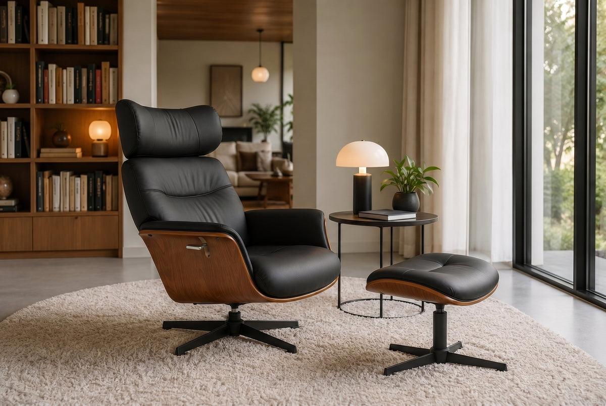 fauteuil pivotant VOGUE COMFORT noir similicuir marron design noyer avec accoudoir