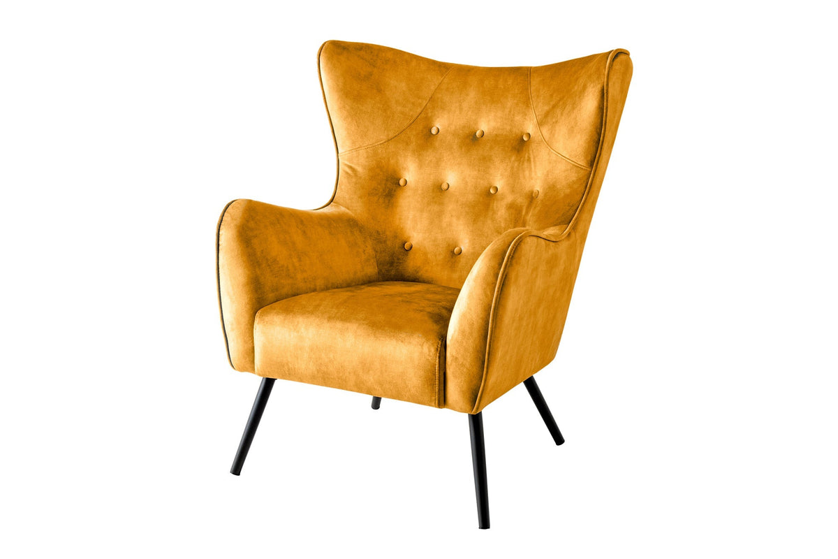 Fauteuil XL design AMSTERDAM velours jaune moutarde pieds métal noir style rétro