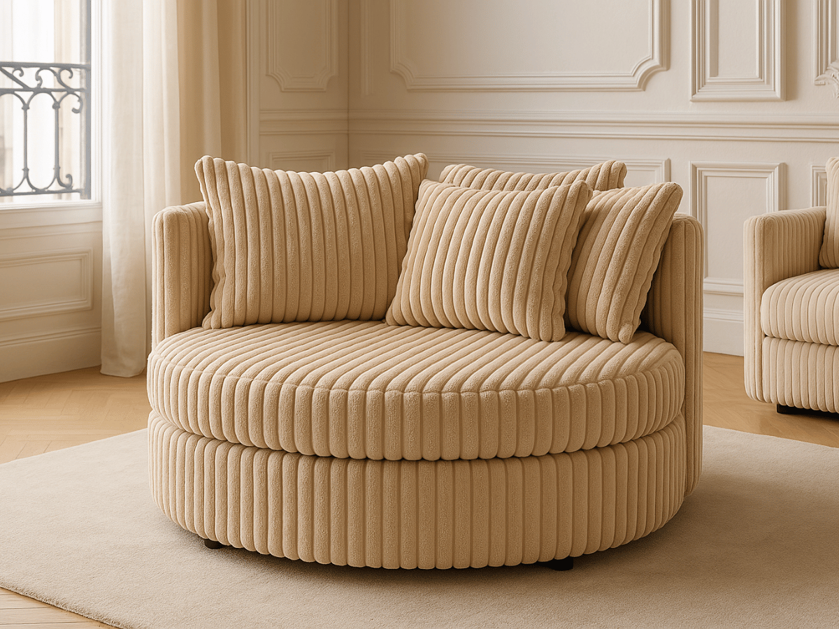 Fauteuil rond en velours côtelé grande épaisseur beige NEVO