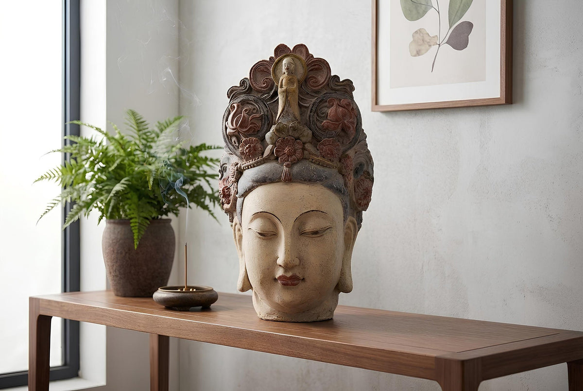 Figurine BUDDHA HEAD 45cm multicolore fait main tête décorative déesse des fleurs