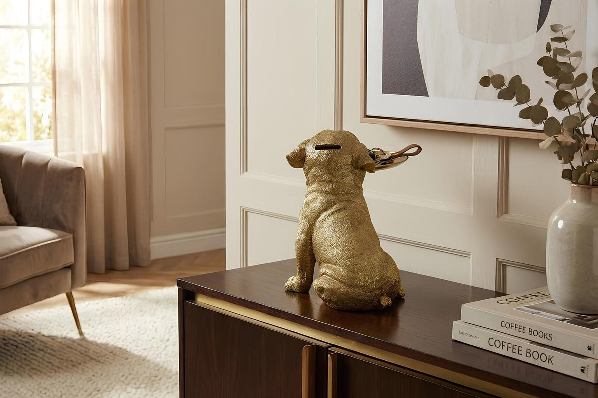 Figurine décorative BULLDOG 35cm or tirelire avec plateau de rangement faite à la main