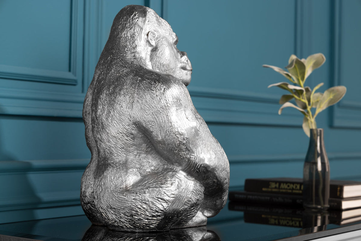 Figurine décorative de gorille KONG 40cm sculpture en métal argenté faite à la main