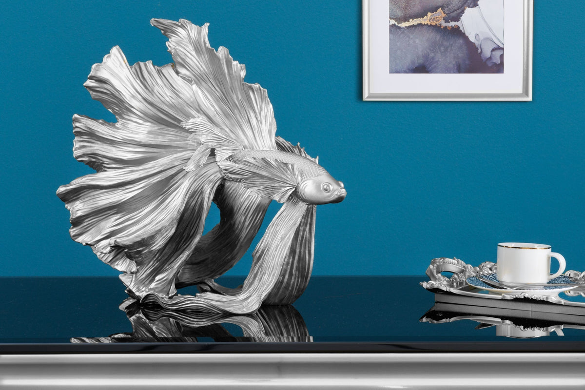 Figurine décorative design poisson combattant CROWNTAIL 35cm sculpture poisson Betta argent