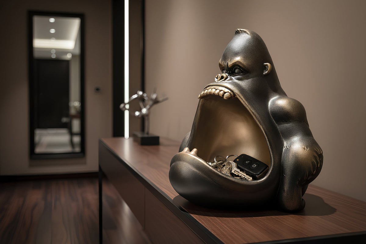 Figurine décorative KING APE 25cm bronze avec compartiment de rangement coupelle faite main