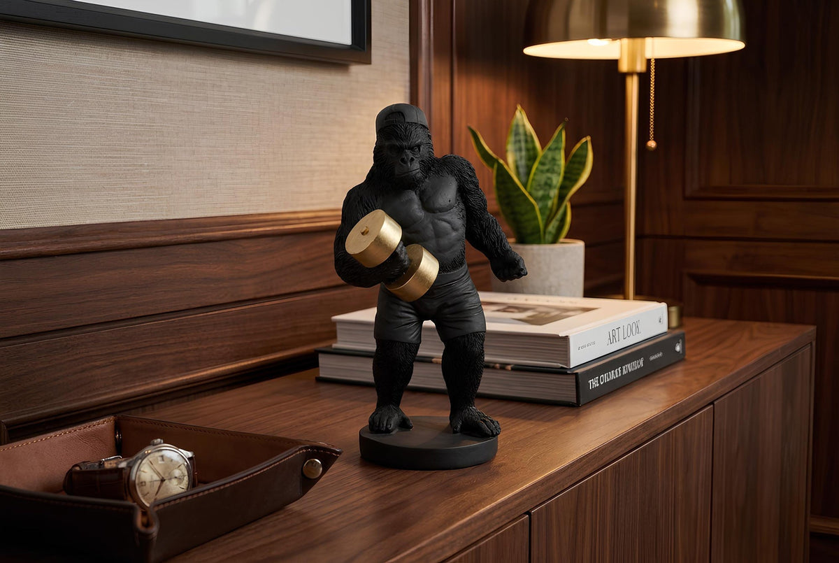 Figurine décorative KING APE 30cm noir or Gorilla avec haltère handmade