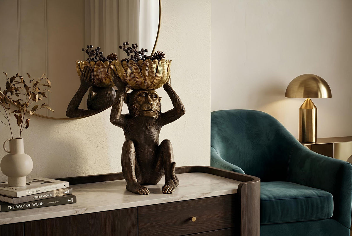 Figurine décorative MONKEY 50cm noir et or singe avec bol handmade