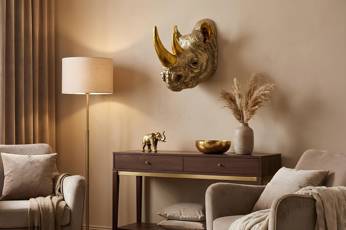 figurine murale décorative RHINO 40cm gold handmade sculpture de rhinocéros