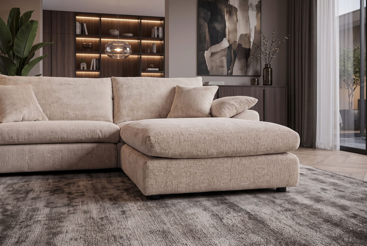 Grand pouf SOHO 100cm beige tissu chenille pouf rembourré avec suspension à ressorts