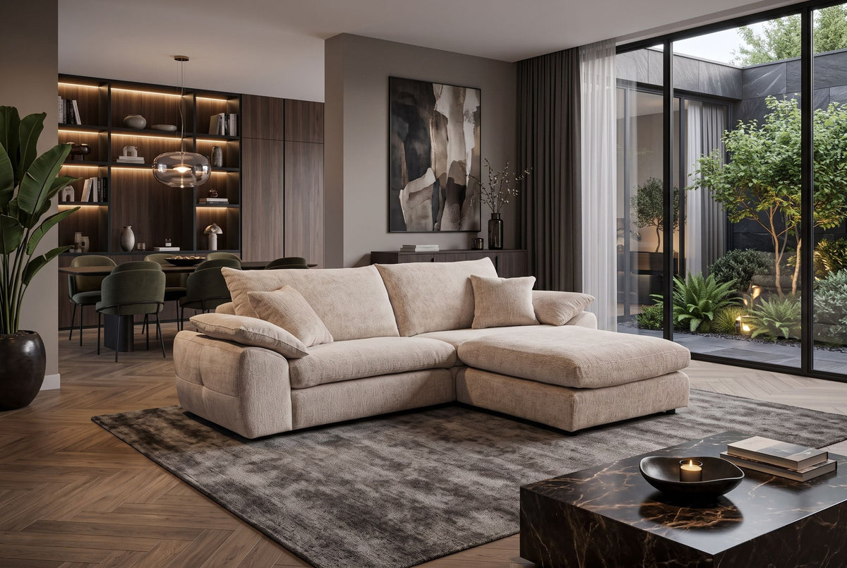 Grand pouf SOHO 100cm beige tissu chenille pouf rembourré avec suspension à ressorts