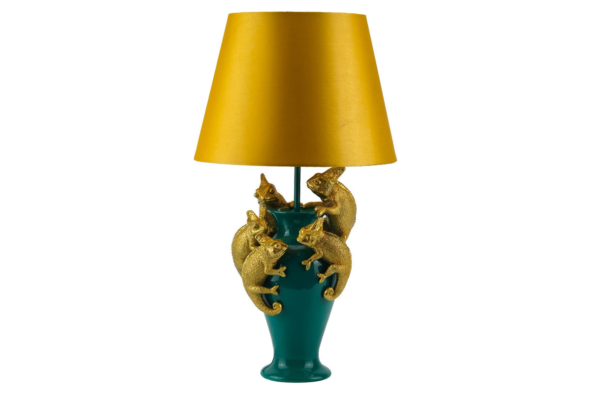 Handgefertigte Tischlampe CHAMELEON 55cm grün gold Skulptur gelber Stoffschirm