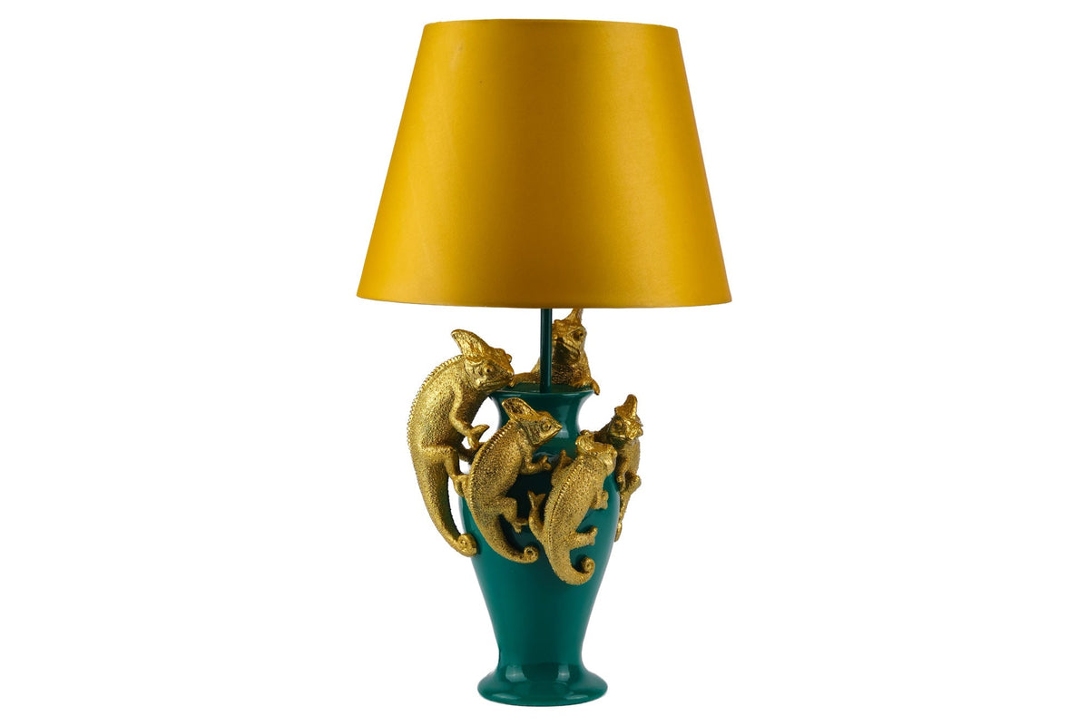 Handgefertigte Tischlampe CHAMELEON 55cm grün gold Skulptur gelber Stoffschirm
