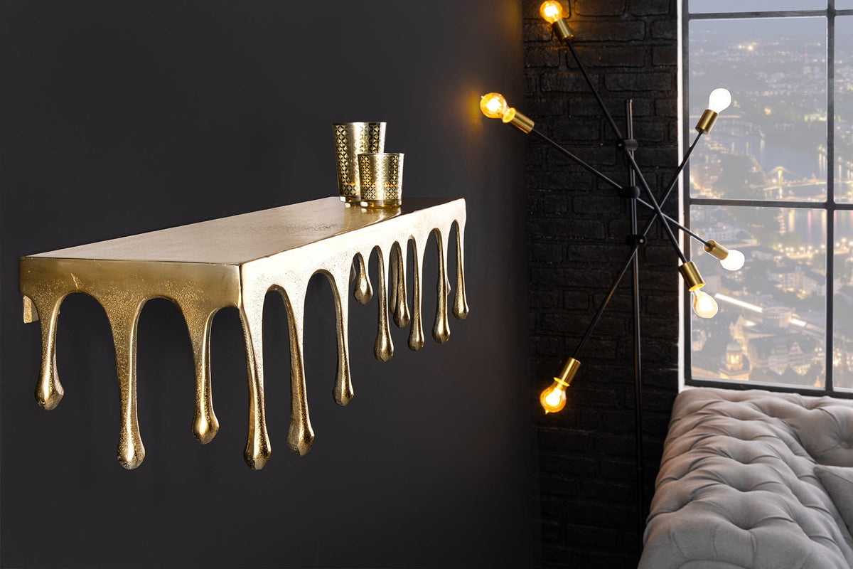 Handgefertigtes Wandregal LIQUID LINE 60cm gold antik Metall Tropfen-Design