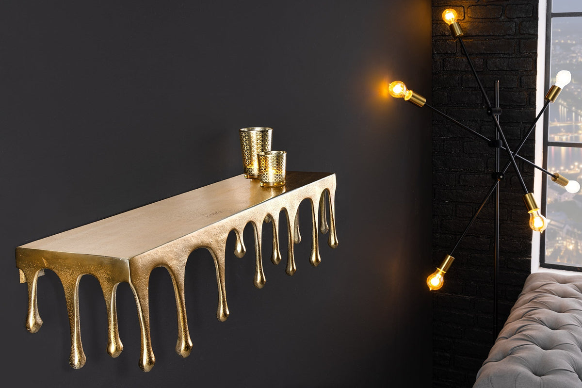 Handgefertigtes Wandregal LIQUID LINE 60cm gold antik Metall Tropfen-Design