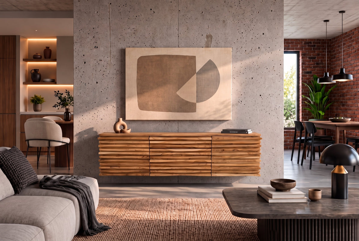 Hängendes Sideboard RELIEF 175cm natur Akazie Massivholz mit Schubladen