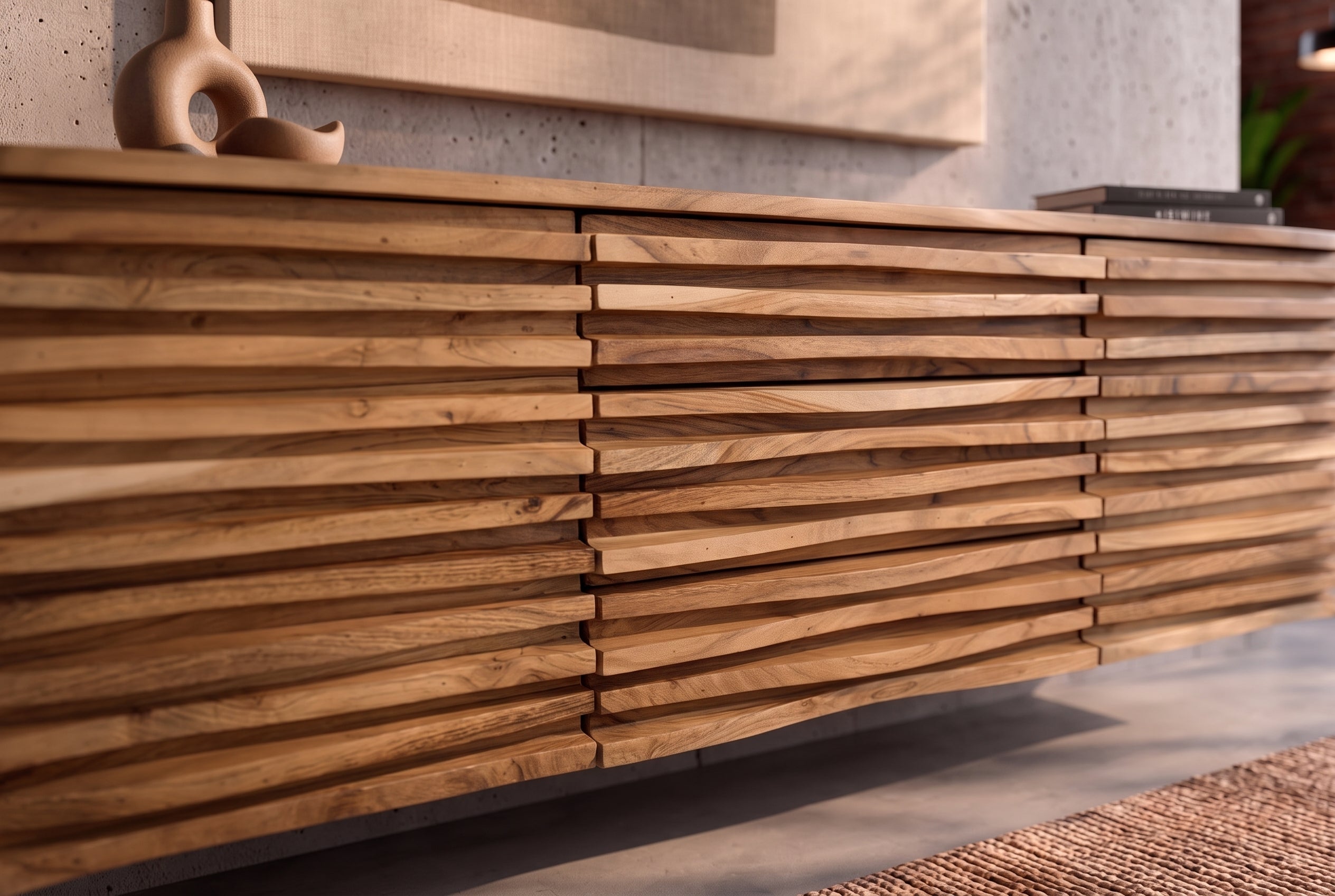 Hängendes Sideboard RELIEF 175cm natur Akazie Massivholz mit Schubladen