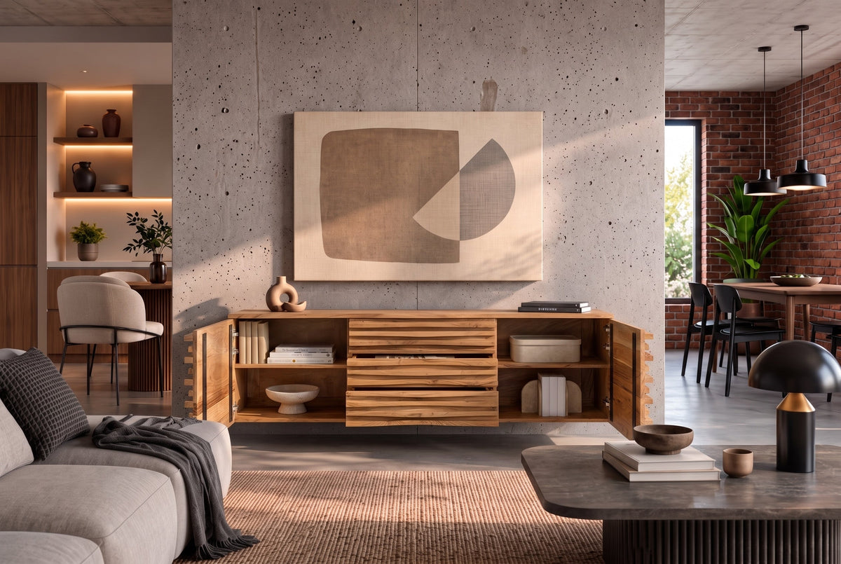 Hängendes Sideboard RELIEF 175cm natur Akazie Massivholz mit Schubladen