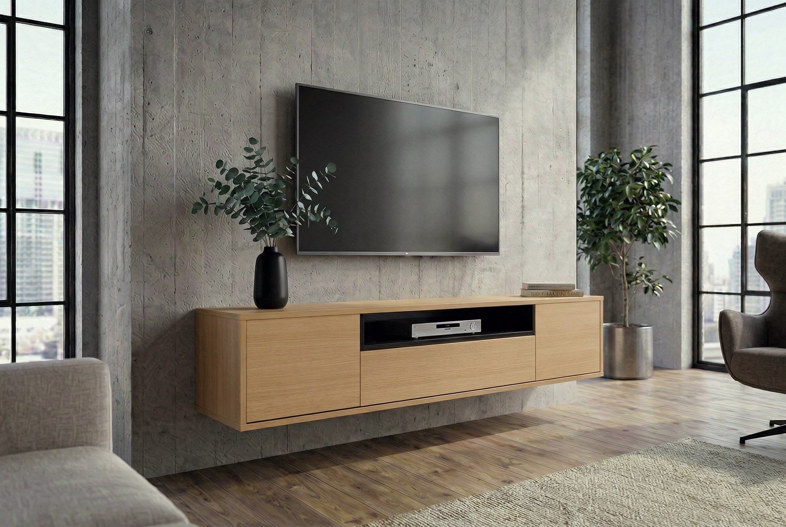 Hängendes TV-Board LOFT 150cm natur schwarz fünf Fächer mit Schublade