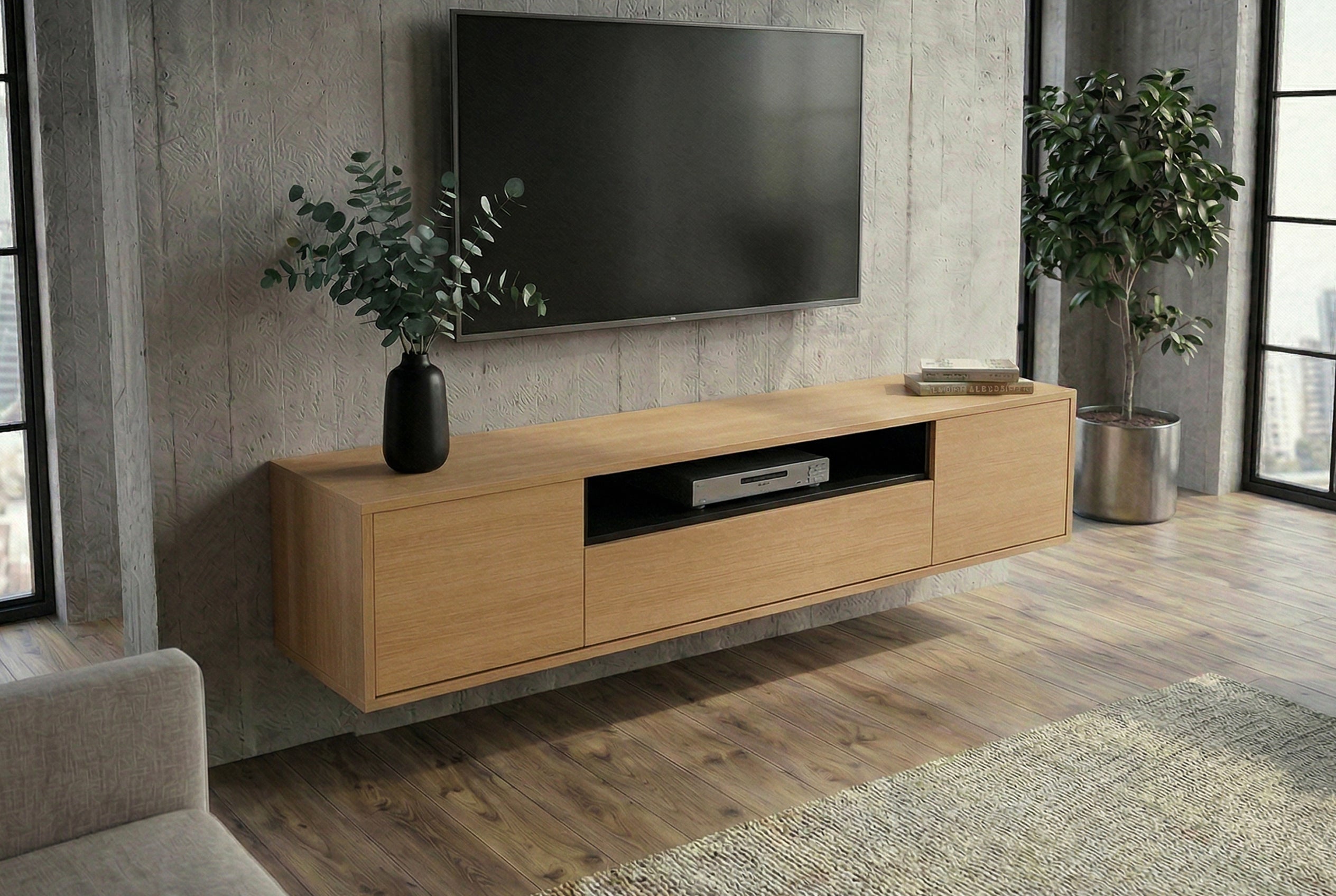 Hängendes TV-Board LOFT 150cm natur schwarz fünf Fächer mit Schublade