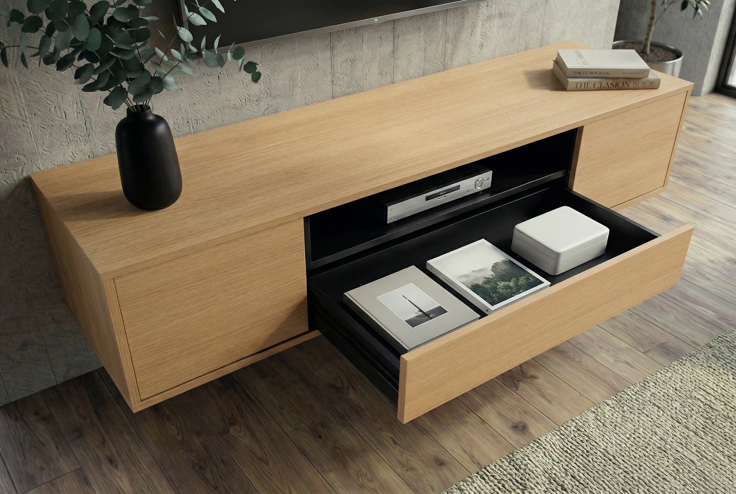 Hängendes TV-Board LOFT 150cm natur schwarz fünf Fächer mit Schublade