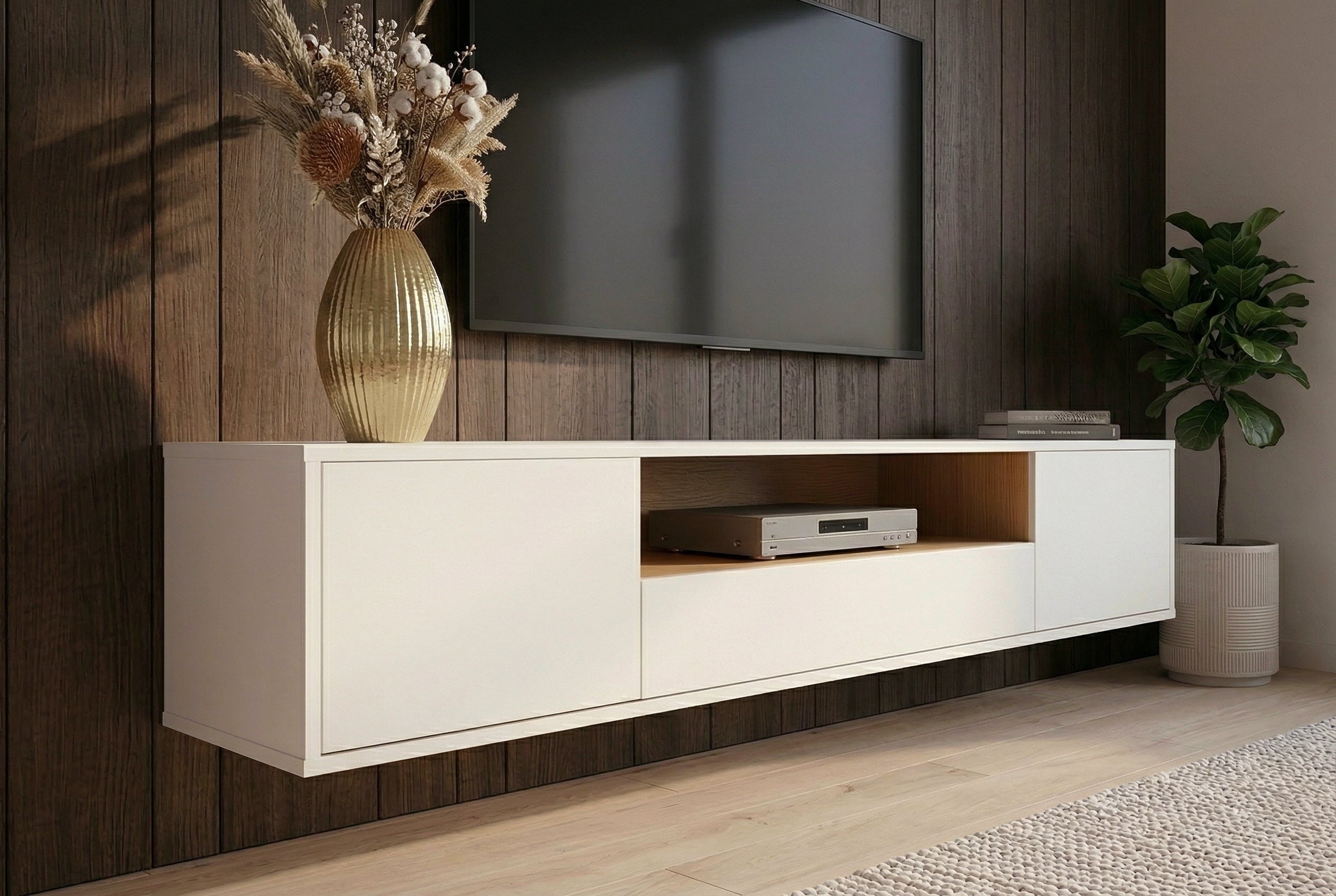 Hängendes TV-Board LOFT 150cm weiß natur fünf Fächer mit Schublade