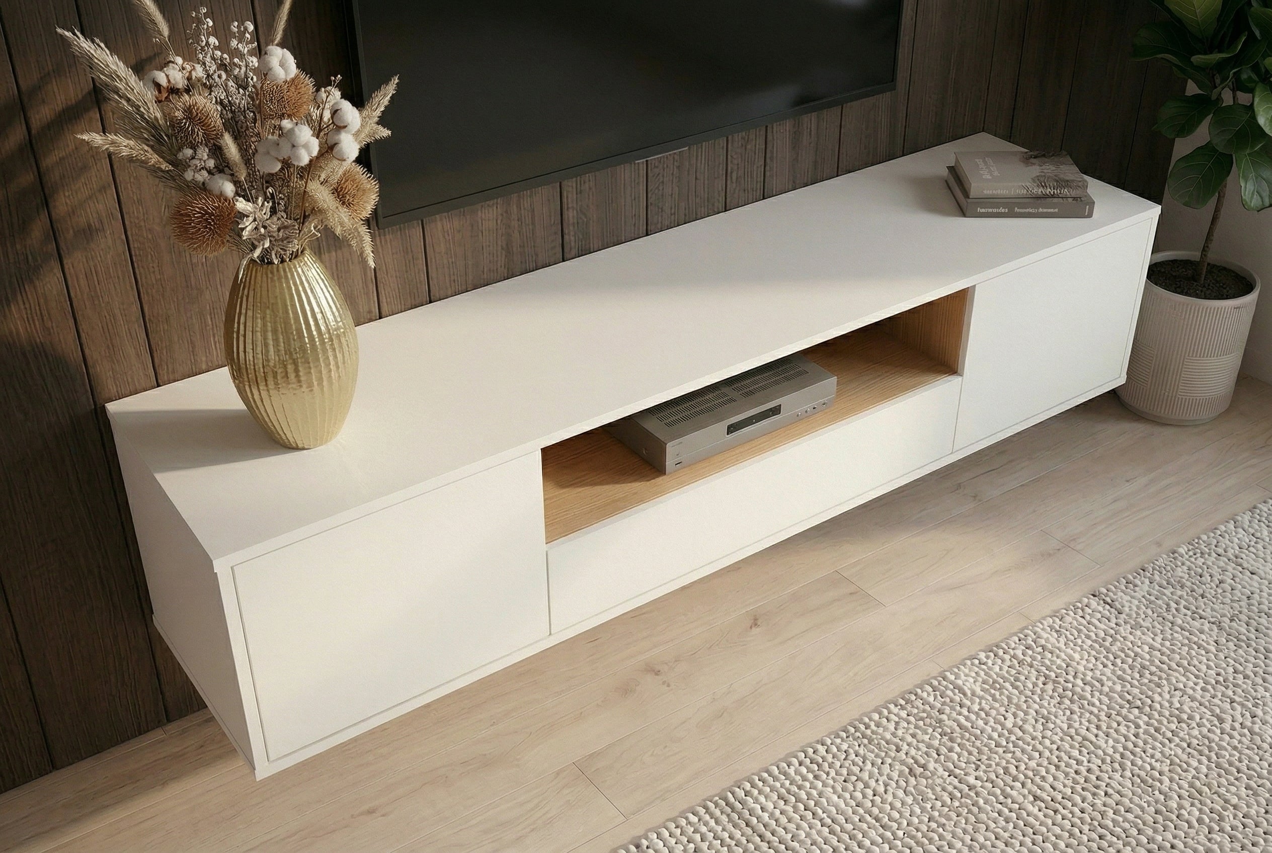 Hängendes TV-Board LOFT 150cm weiß natur fünf Fächer mit Schublade