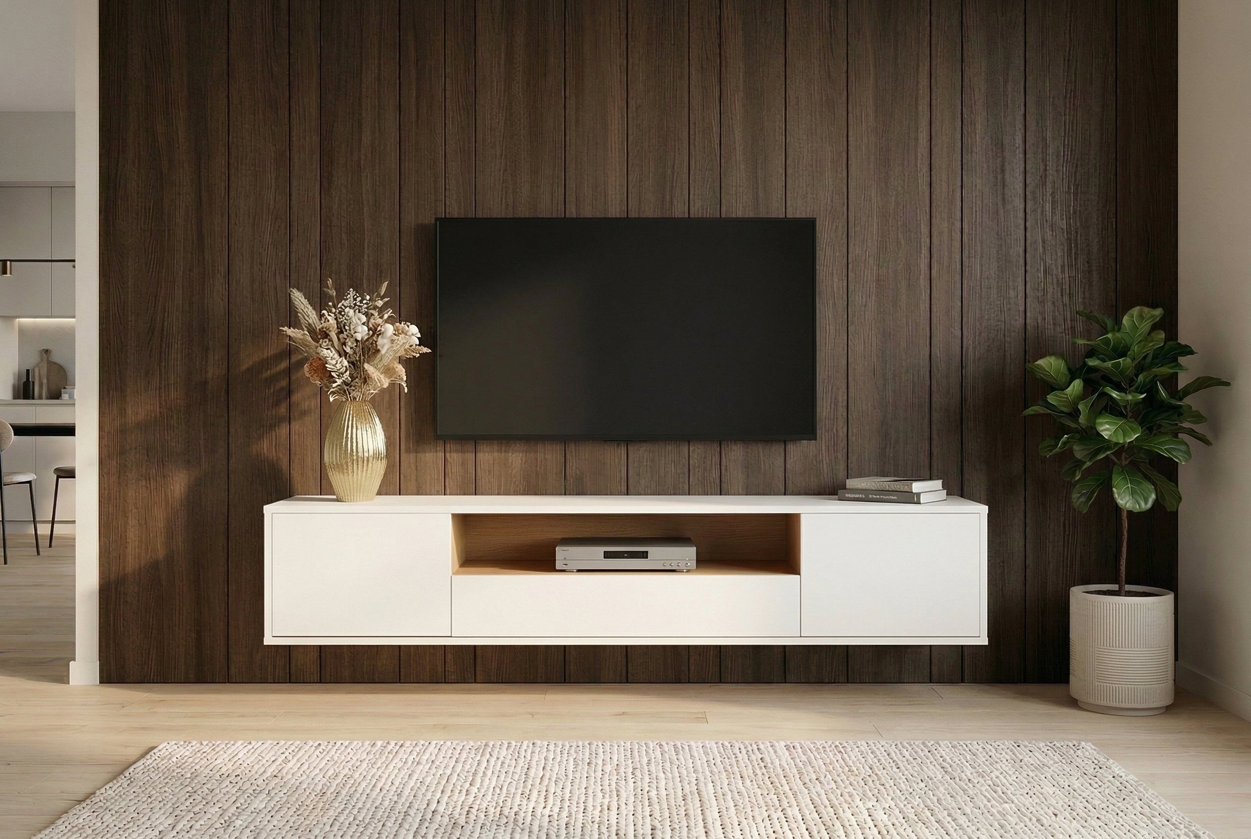 Hängendes TV-Board LOFT 150cm weiß natur fünf Fächer mit Schublade