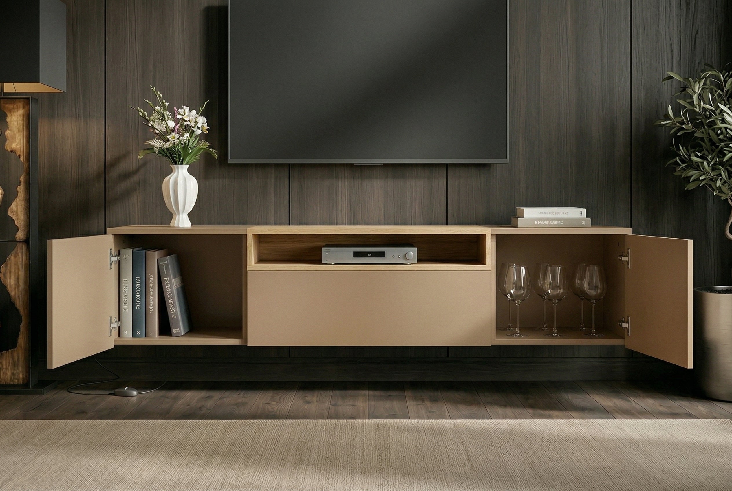 Hängendes TV-Board LOFT 160cm natur grau beige greige drei Fächer mit Schublade