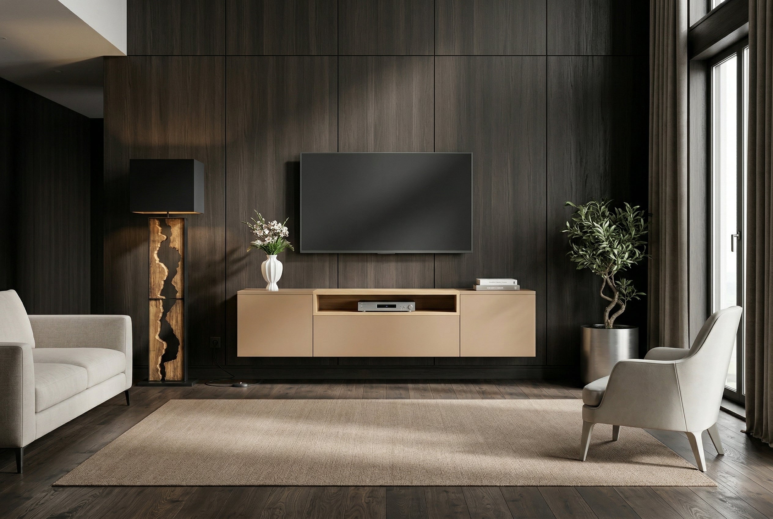 Hängendes TV-Board LOFT 160cm natur grau beige greige drei Fächer mit Schublade