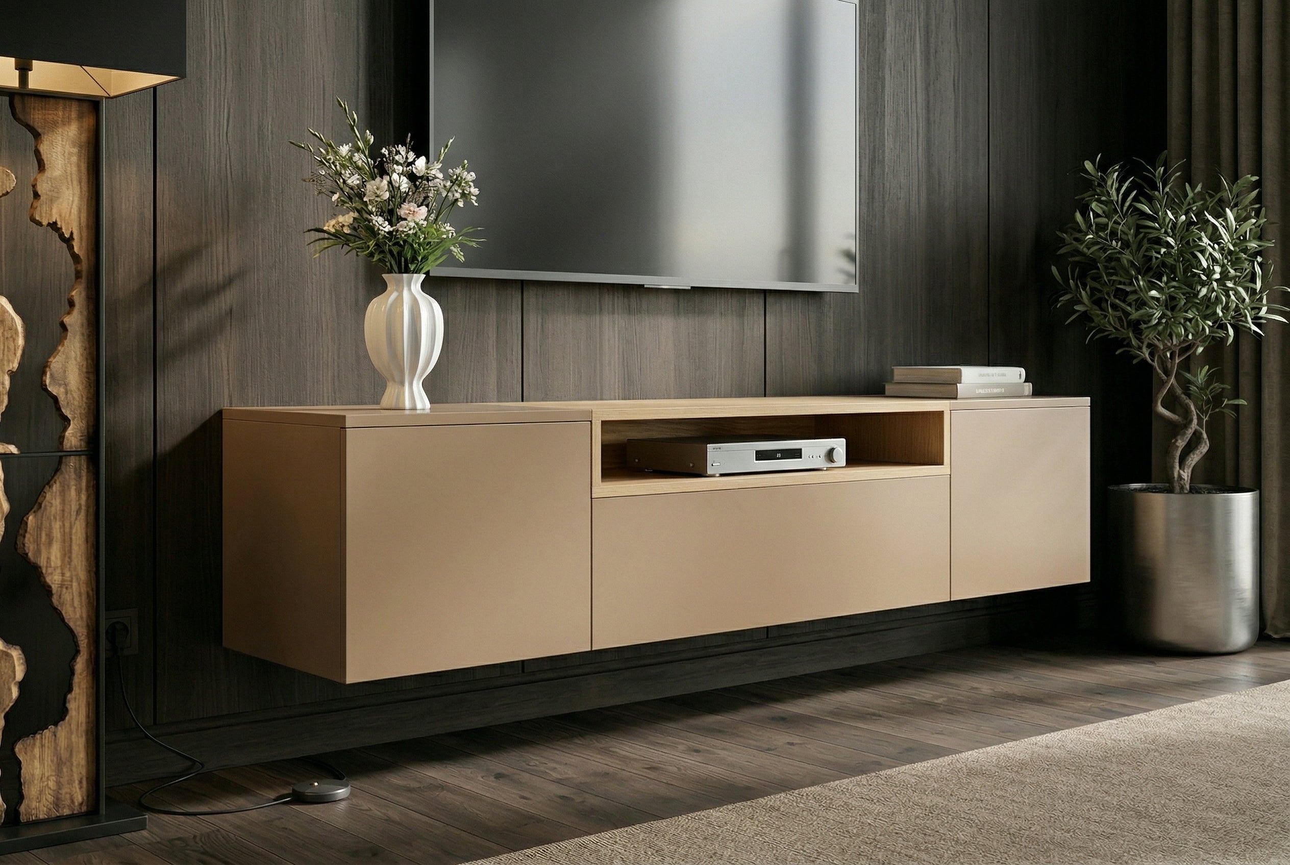 Hängendes TV-Board LOFT 160cm natur grau beige greige drei Fächer mit Schublade