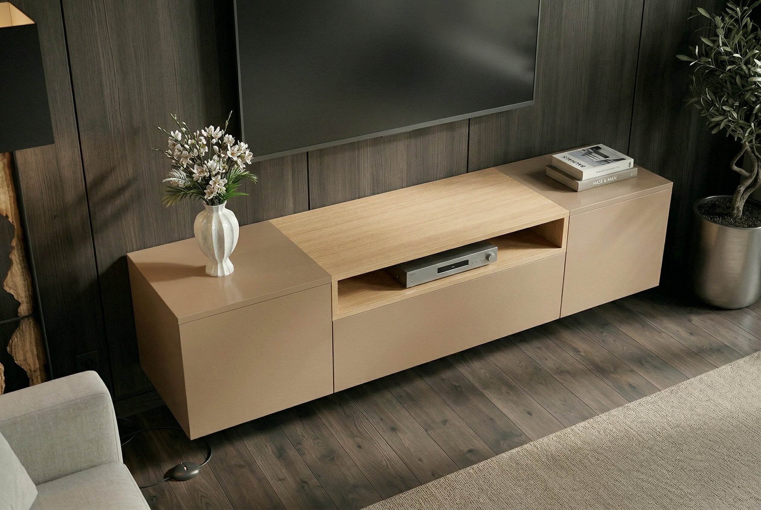 Hängendes TV-Board LOFT 160cm natur grau beige greige drei Fächer mit Schublade