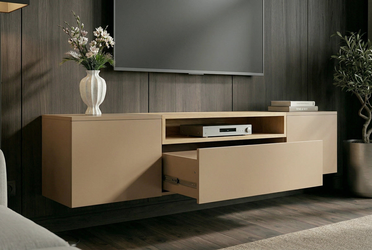 Hängendes TV-Board LOFT 160cm natur grau beige greige drei Fächer mit Schublade