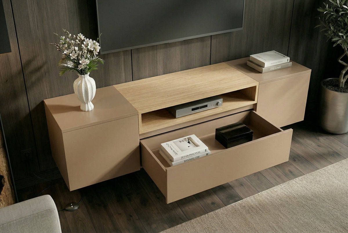 Hängendes TV-Board LOFT 160cm natur grau beige greige drei Fächer mit Schublade