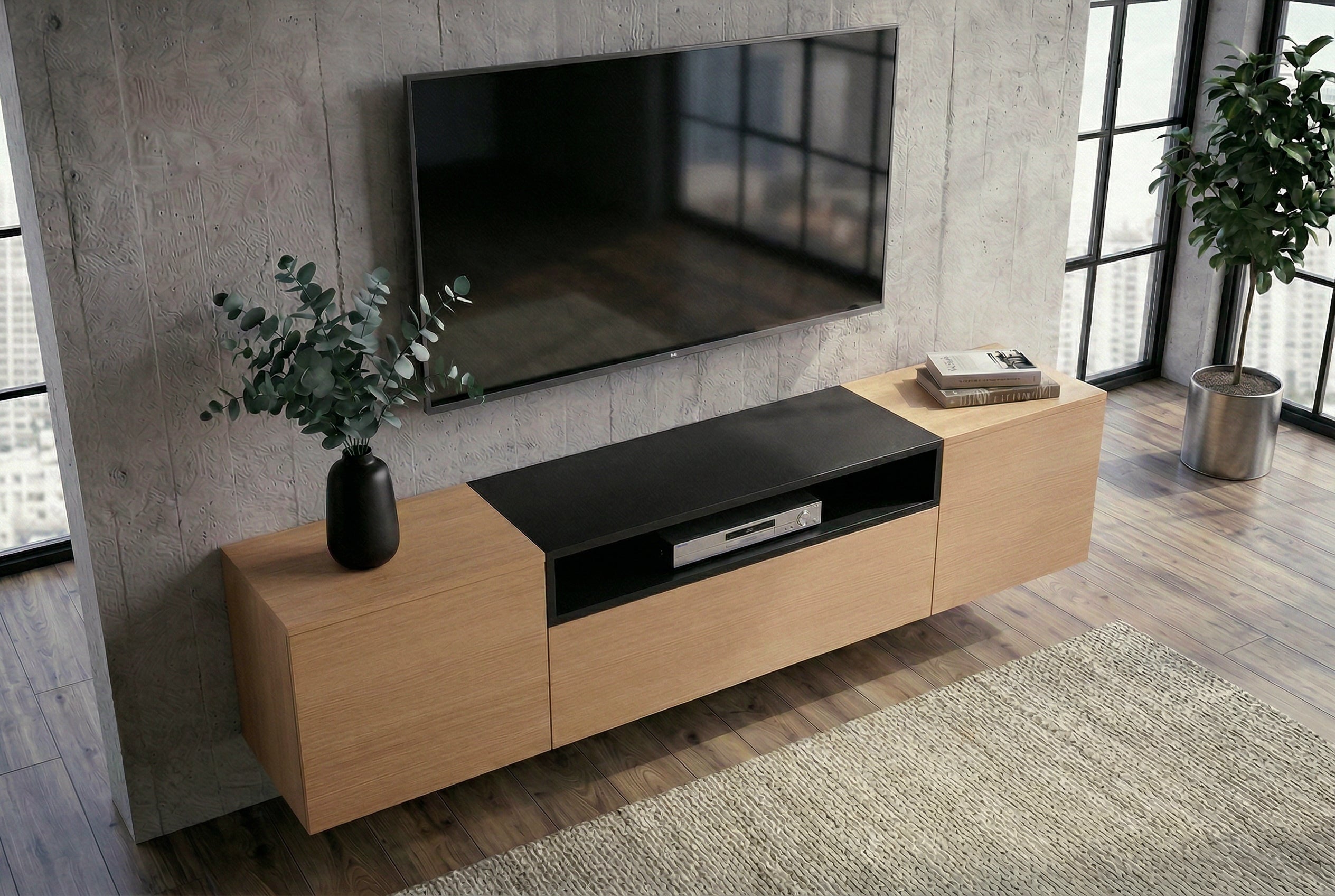 Hängendes TV-Board LOFT 160cm natur schwarz drei Fächer mit Schublade