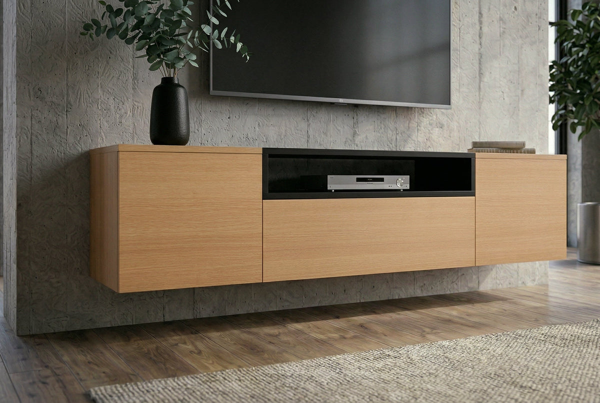 Hängendes TV-Board LOFT 160cm natur schwarz drei Fächer mit Schublade