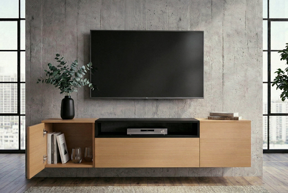 Hängendes TV-Board LOFT 160cm natur schwarz drei Fächer mit Schublade