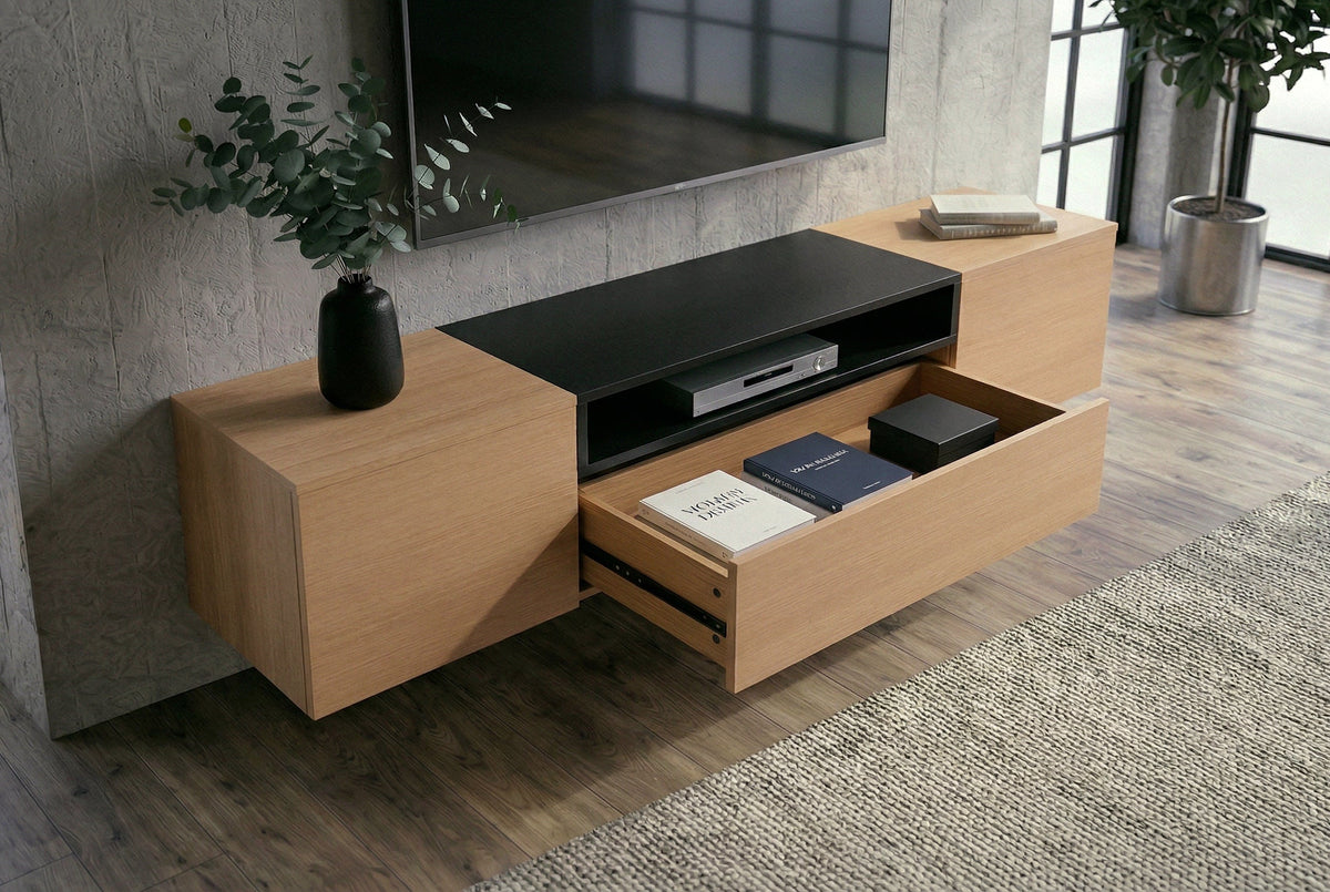 Hängendes TV-Board LOFT 160cm natur schwarz drei Fächer mit Schublade