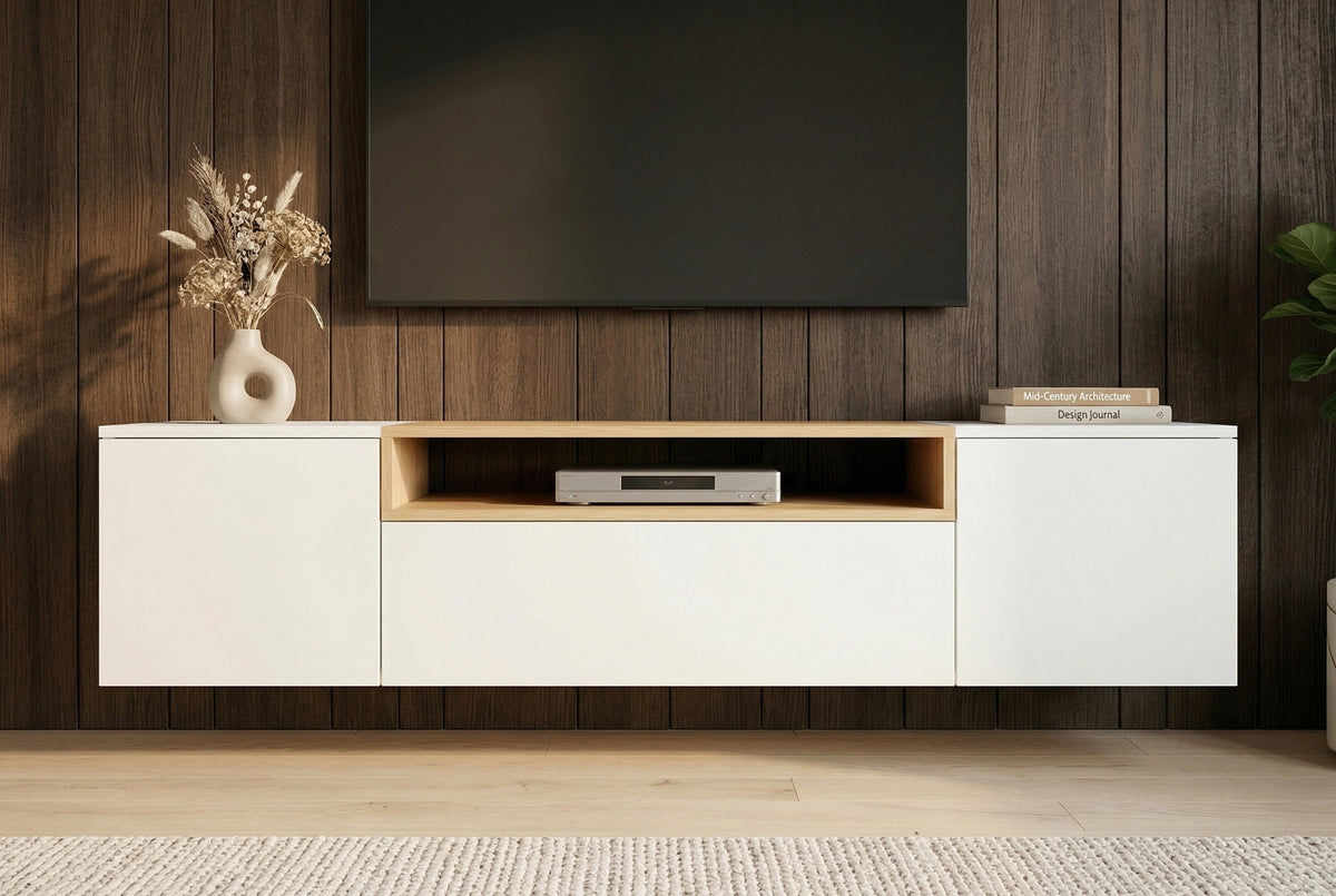 Hängendes TV-Board LOFT 160cm weiß natur drei Fächer mit Schublade