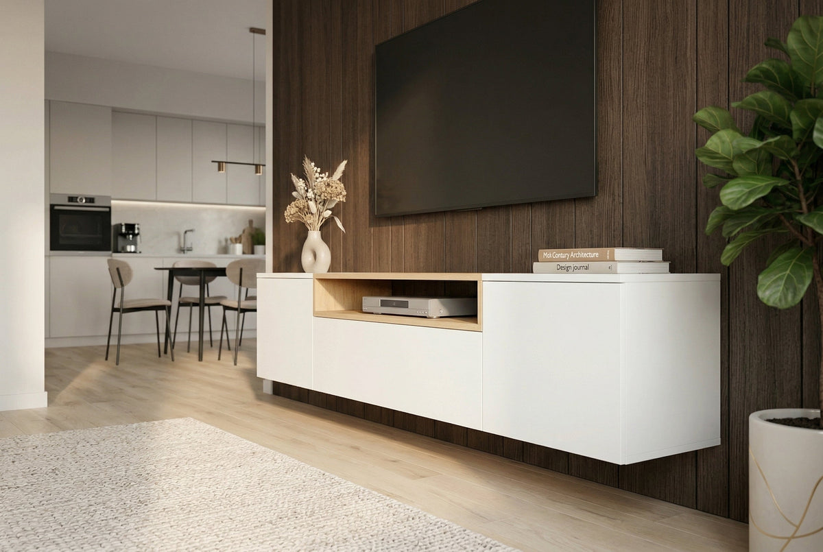 Hängendes TV-Board LOFT 160cm weiß natur drei Fächer mit Schublade