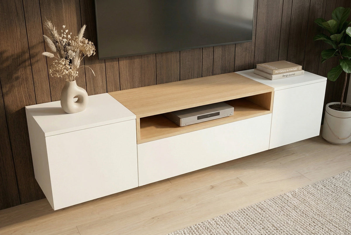 Hängendes TV-Board LOFT 160cm weiß natur drei Fächer mit Schublade