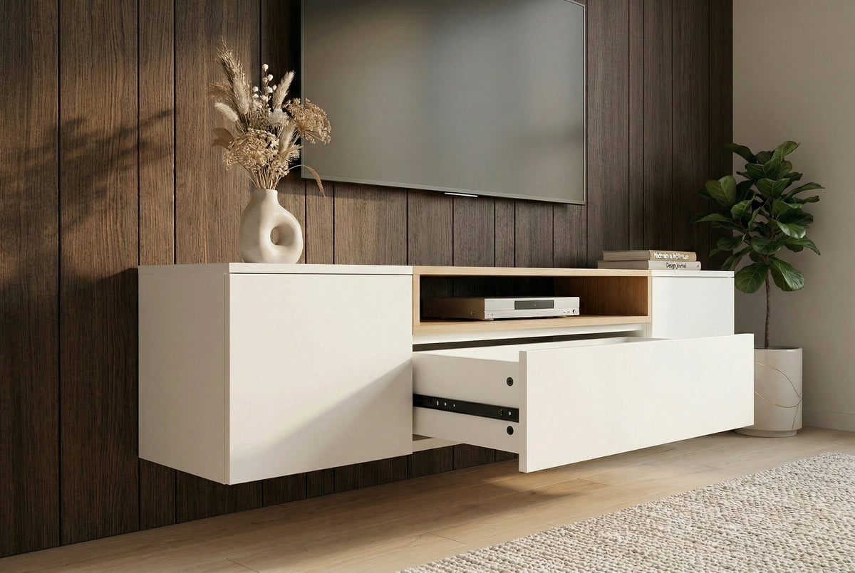 Hängendes TV-Board LOFT 160cm weiß natur drei Fächer mit Schublade