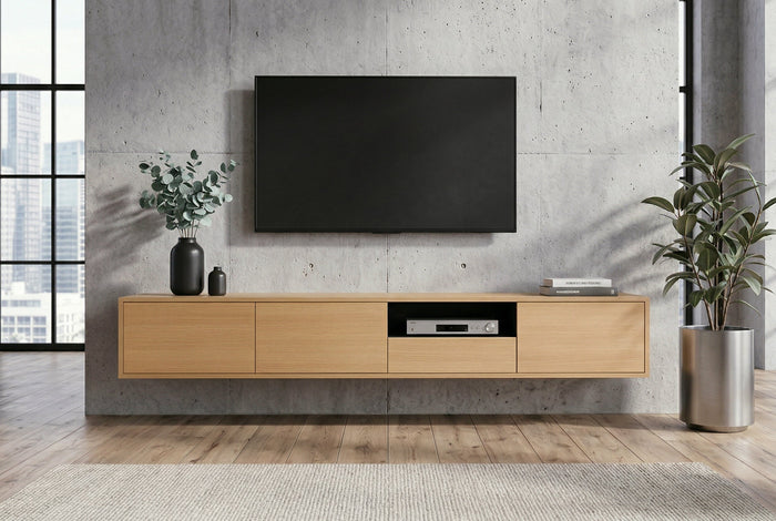 Hängendes TV-Board LOFT 200cm natur schwarz sieben Fächer mit Schublade