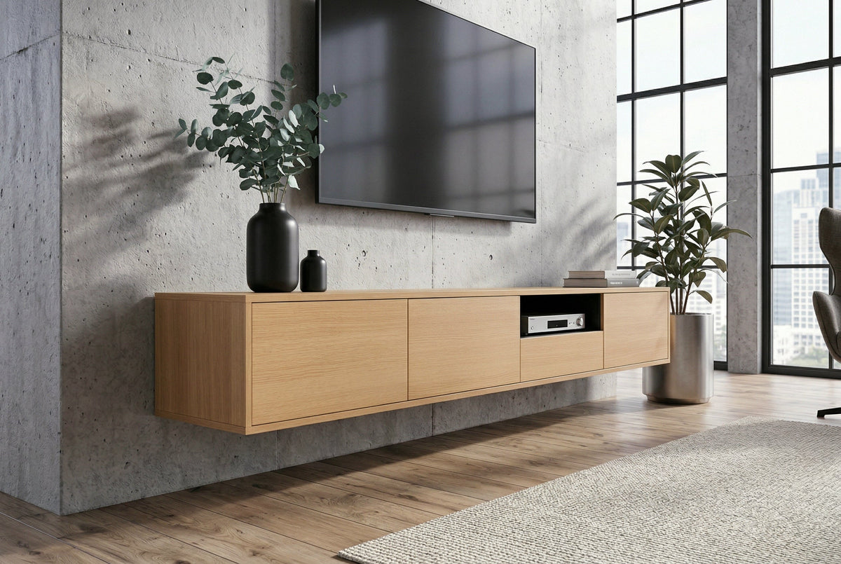 Hängendes TV-Board LOFT 200cm natur schwarz sieben Fächer mit Schublade