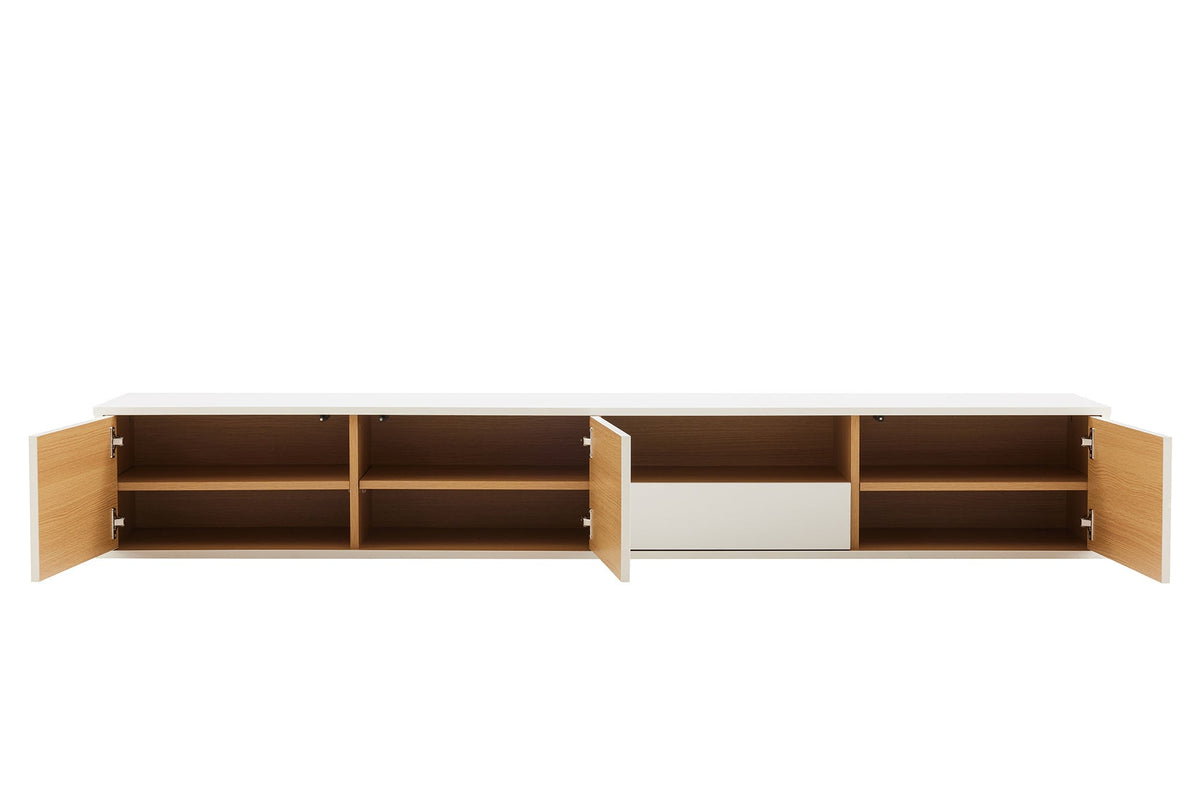 Hängendes TV-Board LOFT 200cm weiß natur sieben Fächer mit Schublade
