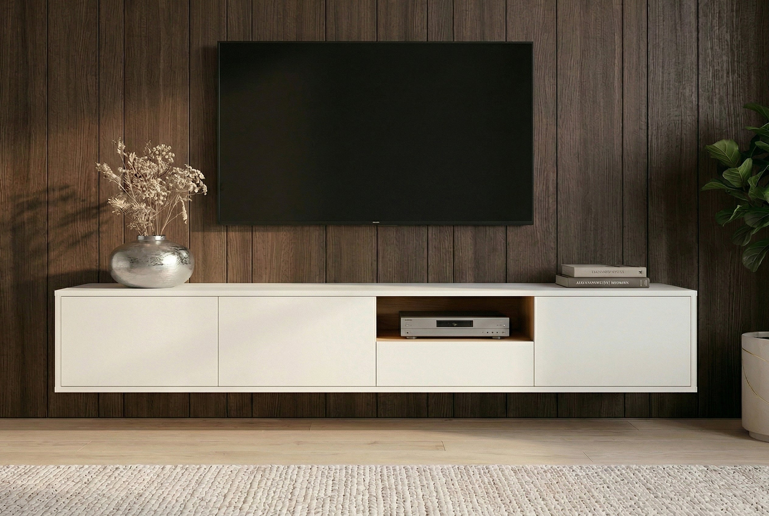 Hängendes TV-Board LOFT 200cm weiß natur sieben Fächer mit Schublade